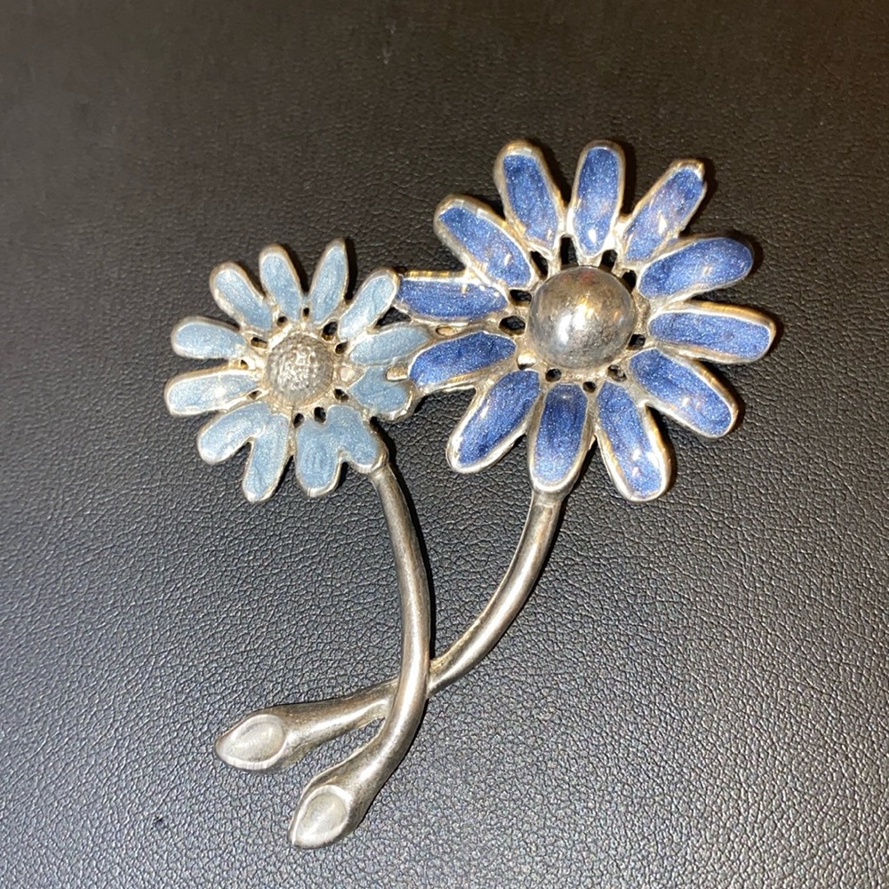 Vintage Enamel  silver tone sunflowers   brooch